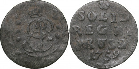 Russia - Prussia Solidus 1759
0.58 g. F/F Bitkin# 787 R1.. Very rare! Elizabeth (1741-1762)
