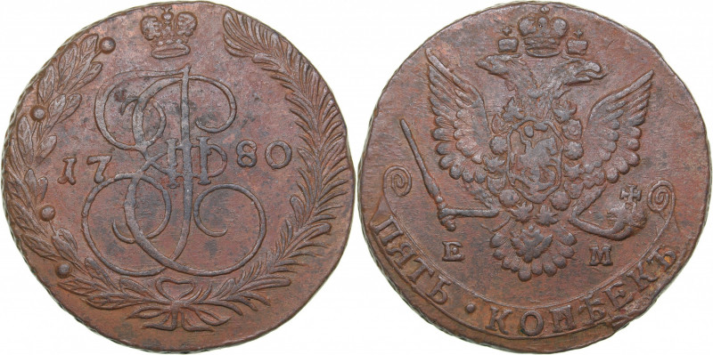 Russia 5 kopecks 1780 ЕМ
50.62 g. VF+/VF+ Bitkin# 631. Catherine II (1762-1796)...