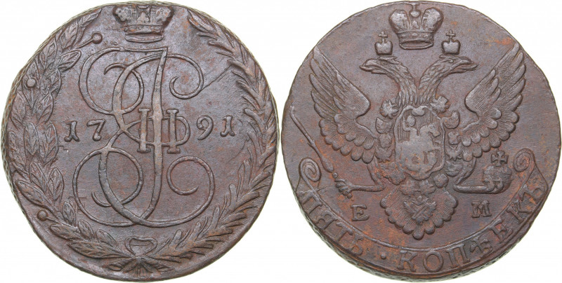 Russia 5 kopecks 1791 ЕМ
48.21 g. VF+/XF- Bitkin# 645. Catherine II (1762-1796)...