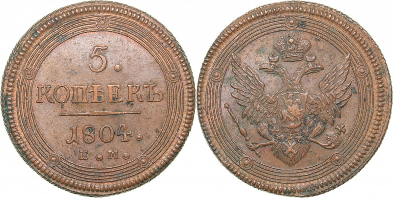 Russia 5 kopeks 1804 ЕМ
50.49 g. UNC/UNC Original red mint luster. Nice natural ...