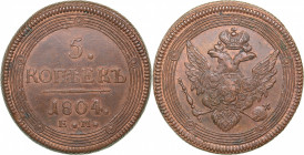 Russia 5 kopeks 1804 ЕМ
53.74 g. UNC/UNC Original red mint luster. Nice natural patina. Extremely rare condition! Bitkin# 290. Alexander I (1801-1825)...