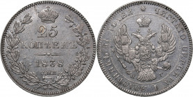 Russia 25 kopeks 1838 СПБ-НГ
5.10 g. XF+/XF Mint luster. Bitkin# 281. Nicholas I (1826-1855)