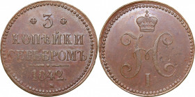Russia 3 kopeks 1842 ЕМ
31.15 g. AU/AU Mint luster. Rare condition! Bitkin# 541. Nicholas I (1826-1855)