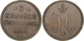 Russia 3 kopeks 1844 ЕМ
31.50 g. VF/VF- Bitkin# 543. Nicholas I (1826-1855)