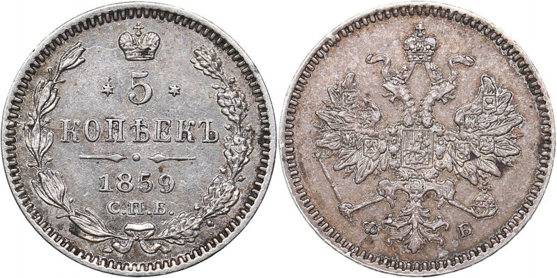 Russia 5 kopeks 1859 СПБ-ФБ
1.02 g. AU/AU Mint luster. BEautiful natural patina....