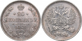 Russia 20 kopeks 1861 СПБ
4.05 g. AU/AU Mint luster. Bitkin# 288. Alexander II (1854-1881)