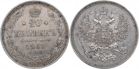 Russia 20 kopeks 1861 СПБ-ФБ
4.10 g. UNC/UNC PROOFLIKE Mint luster. Nice natural patina. Bitkin# 173. Alexander II (1854-1881)