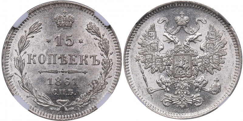Russia 15 kopeks 1861 СПБ - NGC MS 63
Mint luster. Rare condition. Bitkin# 290. ...