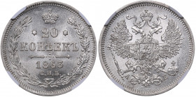 Russia 20 kopeks 1863 СПБ-АБ - NGC MS 64
Mint luster. Rare condition! Bitkin# 176. Alexander II (1854-1881)