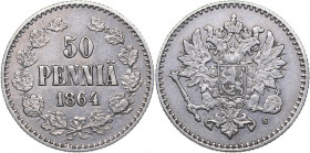 Russia - Grand Duchy of Finland 50 pennia 1864 S
2.47 g. XF+/XF Bitkin# 632. Alexander II (1854-1881)