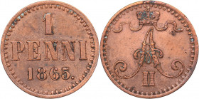 Russia - Grand Duchy of Finland 1 penni 1865
1.28 g. XF/XF Bitkin# 665. Alexander II (1854-1881)