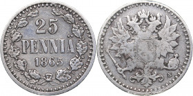 Russia - Grand Duchy of Finland 25 pennia 1865 S
1.32 g. VF/VF- Bitkin# 641. Alexander II (1854-1881)