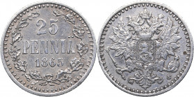 Russia - Grand Duchy of Finland 25 pennia 1865 S
1.25 g. XF+/XF Bitkin# 641. Alexander II (1854-1881)