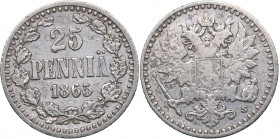 Russia - Grand Duchy of Finland 25 pennia 1865 S
1.27 g. XF-/VF Bitkin# 641. Alexander II (1854-1881)