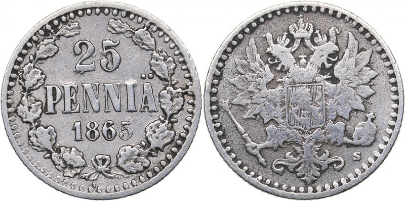 Russia - Grand Duchy of Finland 25 pennia 1865 S
1.31 g. VF/VF Bitkin# 641. Alex...