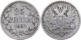 Russia - Grand Duchy of Finland 25 pennia 1865 S
1.31 g. VF/VF Bitkin# 641. Alexander II (1854-1881)