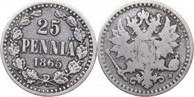 Russia - Grand Duchy of Finland 25 pennia 1865 S
1.22 g. VF/F Bitkin# 641. Alexander II (1854-1881)