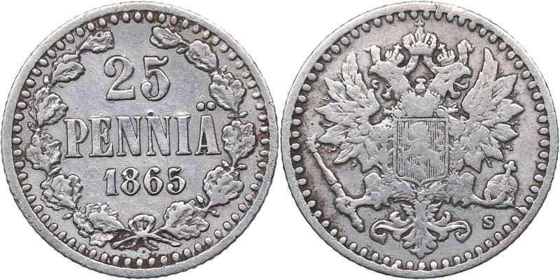 Russia - Grand Duchy of Finland 25 pennia 1865 S
1.25 g. VF+/VF Bitkin# 641. Ale...