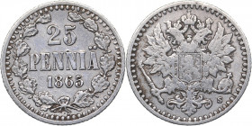 Russia - Grand Duchy of Finland 25 pennia 1865 S
1.25 g. VF+/VF Bitkin# 641. Alexander II (1854-1881)