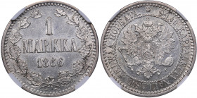 Russia - Grand Duchy of Finland 1 markka 1866 S - NGC UNC Details
Mint luster. Rare condition. Bitkin# 626. Alexander II (1854-1881)