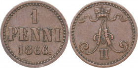 Russia - Grand Duchy of Finland 1 penni 1866
1.30 g. AU/XF Bitkin# 666. Alexander II (1854-1881)