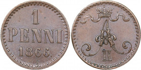 Russia - Grand Duchy of Finland 1 penni 1866
1.24 g. UNC/UNC Rare condition! Bitkin# 666. Alexander II (1854-1881)