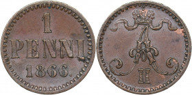 Russia - Grand Duchy of Finland 1 penni 1866
1.33 g. UNC/UNC Rare condition! Bitkin# 666. Alexander II (1854-1881)