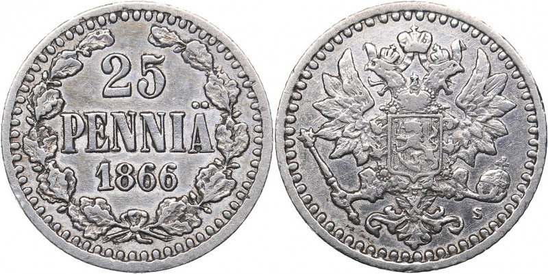 Russia - Grand Duchy of Finland 25 pennia 1866 S
1.26 g. XF-/VF Bitkin# 642. Ale...