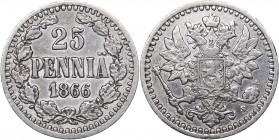 Russia - Grand Duchy of Finland 25 pennia 1866 S
1.26 g. XF-/VF Bitkin# 642. Alexander II (1854-1881)
