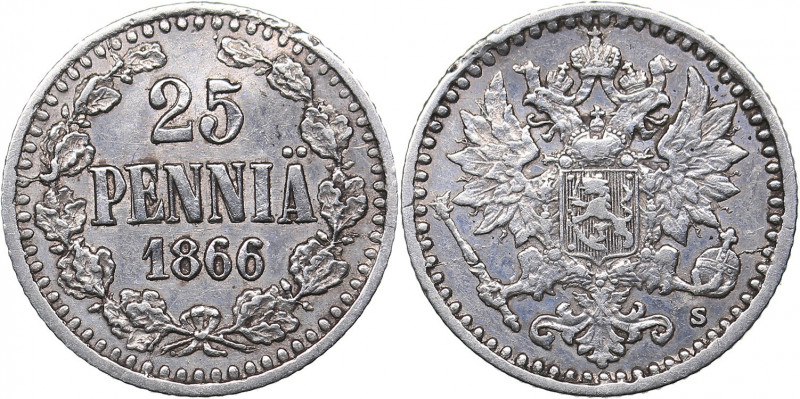 Russia - Grand Duchy of Finland 25 pennia 1866 S
1.28 g. XF/XF Bitkin# 642. Alex...