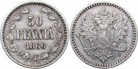 Russia - Grand Duchy of Finland 50 pennia 1866 S
2.36 g. XF/XF Bitkin# 634. Alexander II (1854-1881)