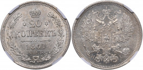 Russia 20 kopeks 1867 СПБ-HI - NGC MS 63
Mint luster. Rare condition! Bitkin# 214. Alexander II (1854-1881)
