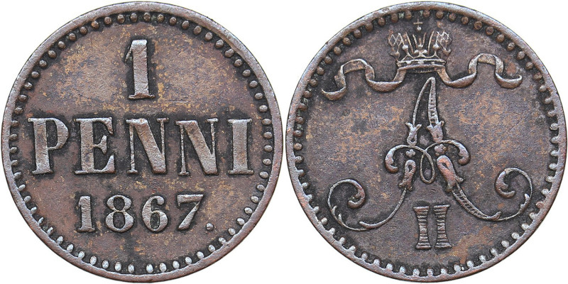 Russia - Grand Duchy of Finland 1 penni 1867
1.23 g. XF/XF Bitkin# 667. Alexande...