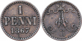 Russia - Grand Duchy of Finland 1 penni 1867
1.23 g. XF/XF Bitkin# 667. Alexander II (1854-1881)