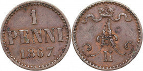 Russia - Grand Duchy of Finland 1 penni 1867
1.15 g. AU/AU Bitkin# 667. Alexander II (1854-1881)