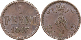 Russia - Grand Duchy of Finland 1 penni 1867
1.24 g. UNC/UNC Rare condition! Bitkin# 667. Alexander II (1854-1881)