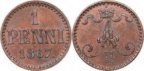 Russia - Grand Duchy of Finland 1 penni 1867
1.24 g. UNC/UNC Mint luster. Very rare condition! Bitkin# 667. Alexander II (1854-1881)