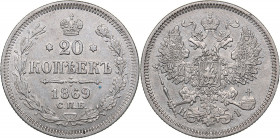 Russia 20 kopeks 1869 СПБ-НI
3.60 g. XF/AU Mint luster. Bitkin# 217. Alexander II (1854-1881)