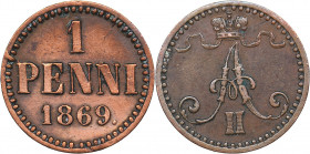 Russia - Grand Duchy of Finland 1 penni 1869
1.29 g. XF/XF Bitkin# 668. Alexander II (1854-1881)