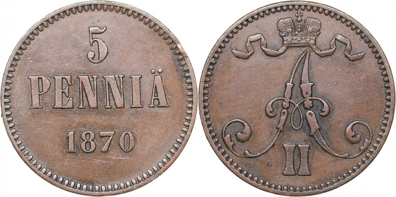 Russia - Grand Duchy of Finland 5 penniä 1870
6.45 g. XF/XF Rare condition. Bitk...