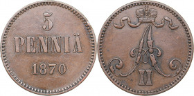 Russia - Grand Duchy of Finland 5 penniä 1870
6.45 g. XF/XF Rare condition. Bitkin# 660. Alexander II (1854-1881)