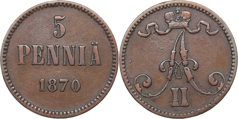 Russia - Grand Duchy of Finland 5 penniä 1870
6.20 g. VF/VF Bitkin# 660. Alexand...