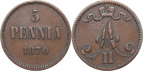 Russia - Grand Duchy of Finland 5 penniä 1870
6.20 g. VF/VF Bitkin# 660. Alexander II (1854-1881)