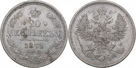 Russia 20 kopeks 1871 СПБ-НI
3.70 g. XF/AU Mint luster. Bitkin# 220. Alexander II (1854-1881)