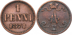 Russia - Grand Duchy of Finland 1 penni 1871
1.24 g. XF/XF- Bitkin# 670. Alexander II (1854-1881)