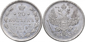 Russia 20 kopeks 1874 СПБ-НI
3.58 g. AU/AU Mint luster. Bitkin# 225. Alexander II (1854-1881)