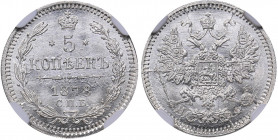 Russia 5 kopeks 1878 СПБ-НФ - NGC MS 67
TOP POP. Mint luster. Very rare condition. Bitkin# 269. Alexander II (1854-1881)