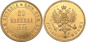 Russia - Grand Duchy of Finland 20 markkaa 1880 S
6.47 g. UNC/UNC Mint luster. Rare condition! Bitkin# 613 R1. Very rare! Alexander II (1854-1881)