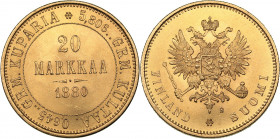 Russia - Grand Duchy of Finland 20 markkaa 1880 S
6.46 g. UNC/UNC Mint luster. Rare condition! Bitkin# 613 R1. Very rare! Alexander II (1854-1881)