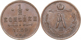 Russia 1/2 kopecks 1889 СПБ
1.53 g. AU/AU Mint luster. Bitkin# 199. Alexander III (1881-1894)